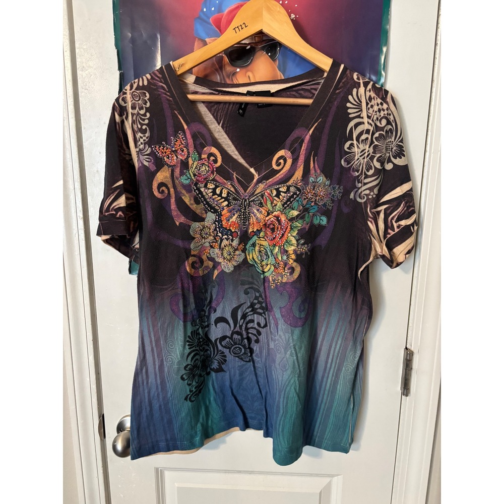 New Directions Woman Butterfly Floral Rhinestone V-Neck Top Teal Purple 1X